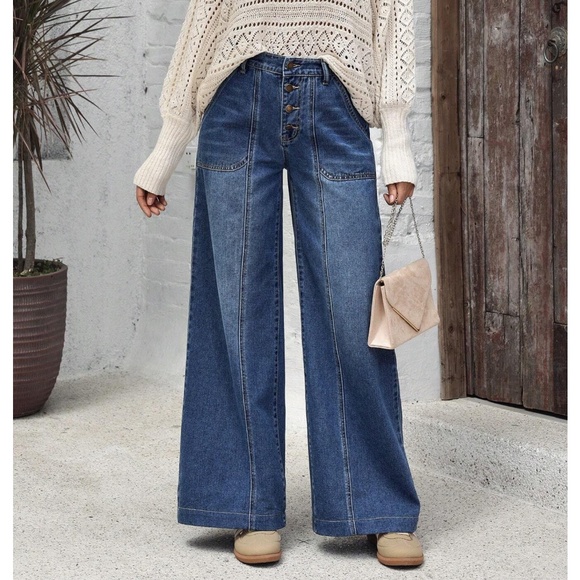 Dark Wash  Blue Wide leg Button Fly Wide leg Denim Jeans - Picture 8 of 8